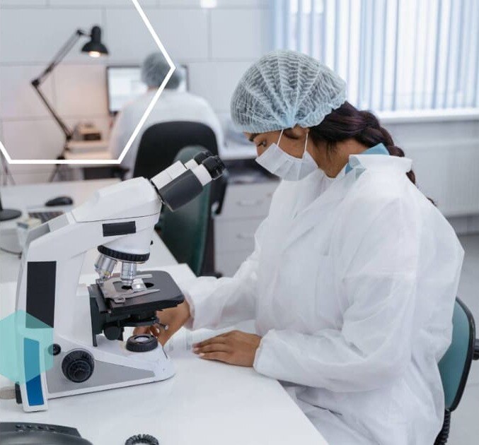 A pharma tech using microscope